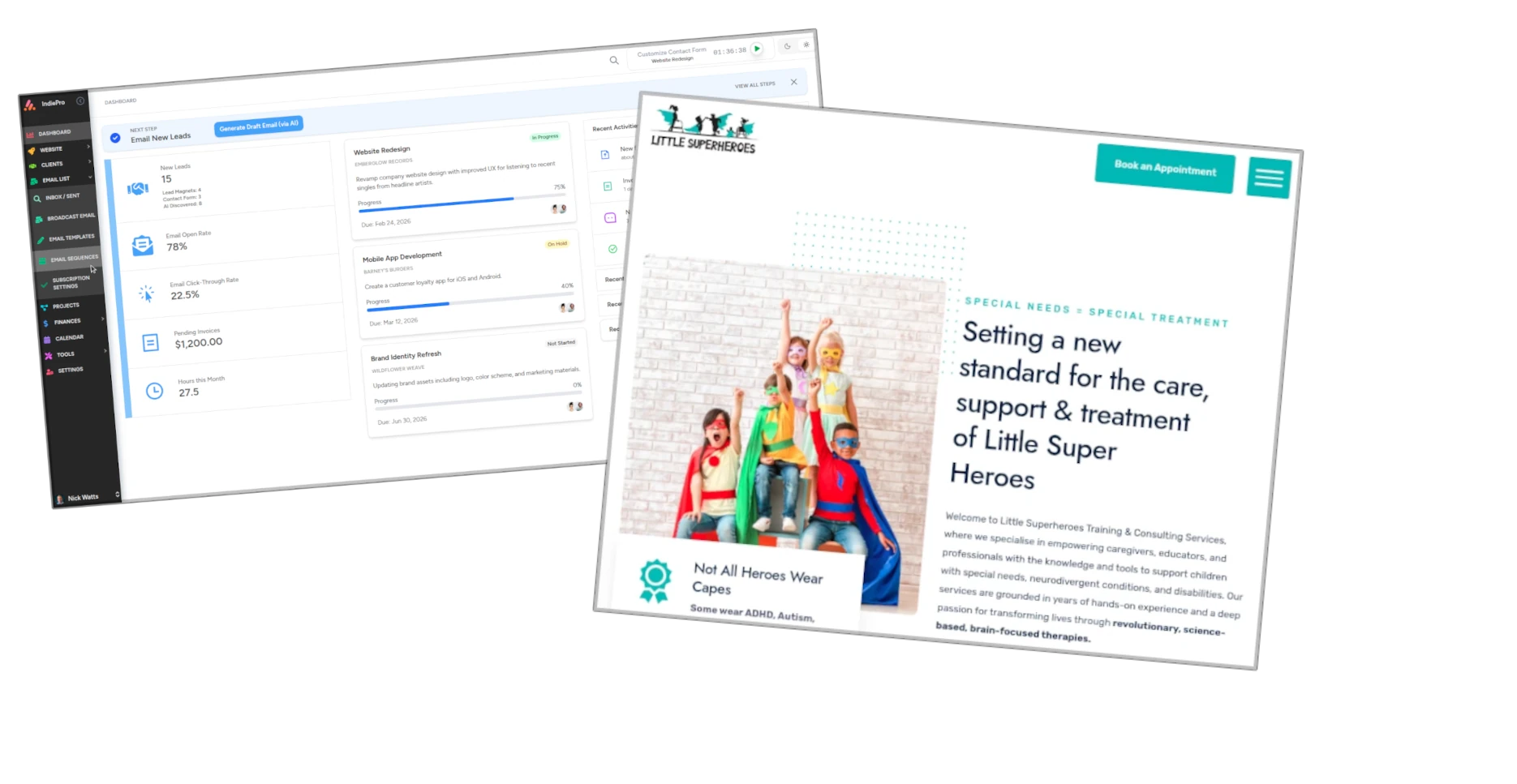View of two website interfaces with modern and dark design. The first screen shows the title 'Behind the Code' with a rocket and dark background, explaining the origin of a community software project. The second screen presents a platform for finding speakers, with an attractive design, expert photos, and a prominent search button.