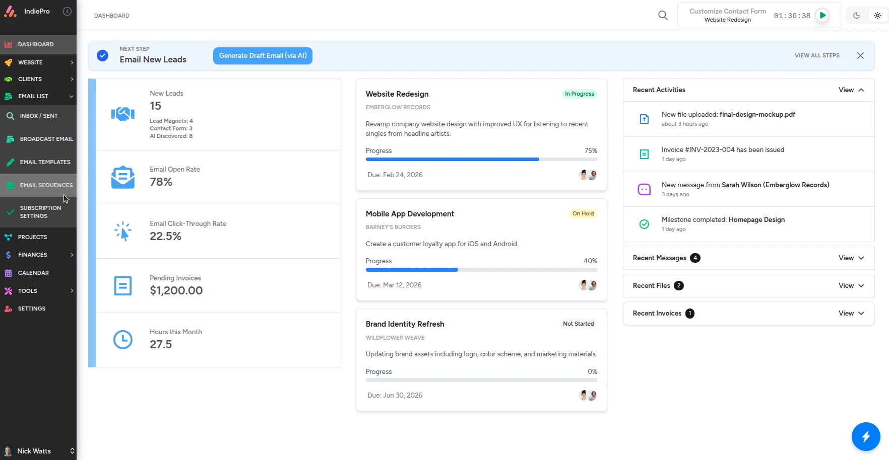 Screenshot of IndiePro dashboard.